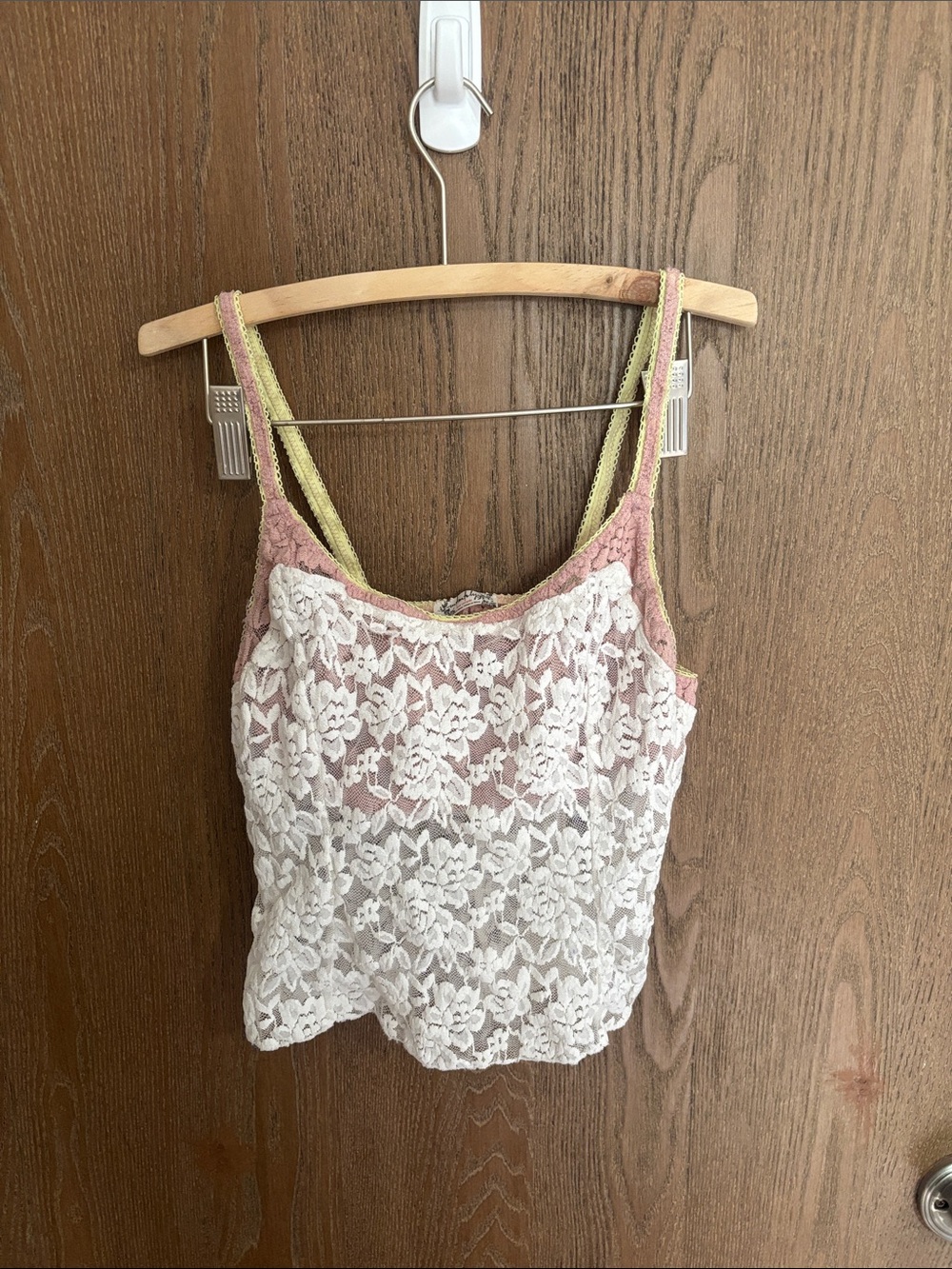 Free People White Lace Camisole with Pink Lining and Green Trim